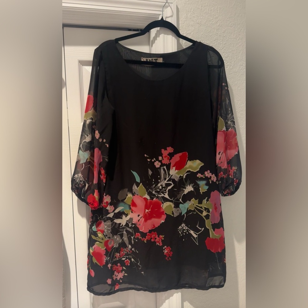 Floral Black Dress with Sheer Sleeves